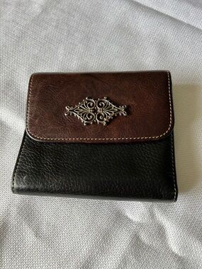 Brighton Two-Tone Brown and Black Leather Wallet with Ornate Metal Accent
